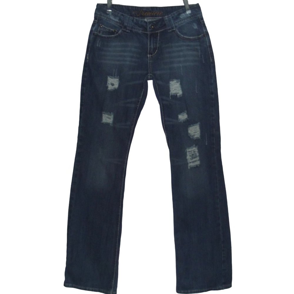 Rue21 Size 9/10 x 35" Thick Stitch Boot Cut Distressed Jeans blue 100% Cotton